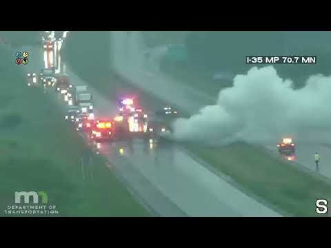 I-35 Semi truck fire during severe Tstorm (From LIVE)