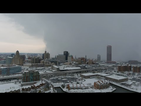 Amazing Rare Drone View OF Lake Effect Snow Hitting Buffalo NY And Waterspout